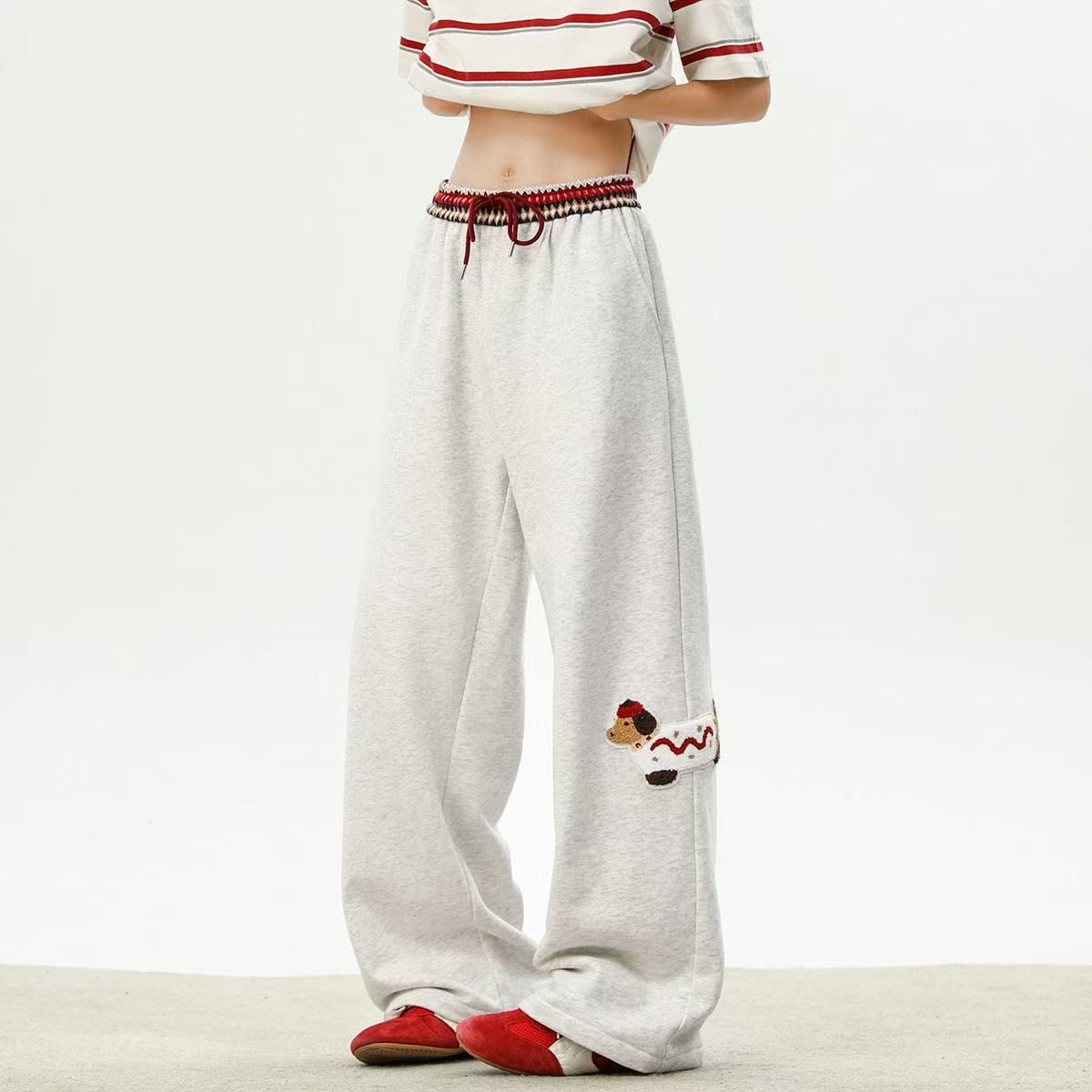 Fashion brand dachshund dog flocking embroidery for men and women spring new niche waist splicing design loose wide-leg trousers