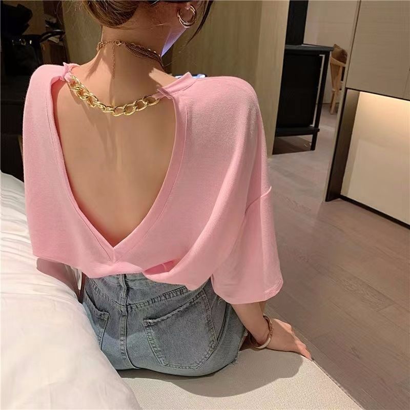 Hong Kong style cute sexy hot girl with backless top trendy summer loose slim versatile short-sleeved pure temptation T-shirt