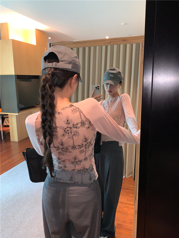 Girl illustrator velvet splicing mesh print hazy and transparent backless slim body clothes