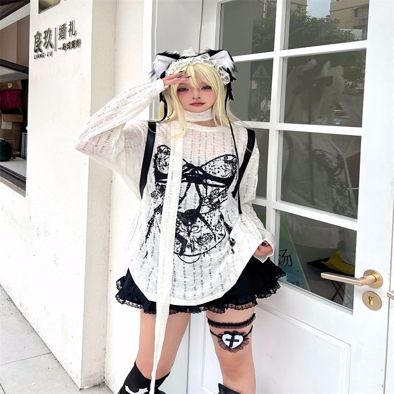 Lazy style loose anti-proof T-shirt for women in spring and autumn niche retro print pattern hot girl long-sleeved top