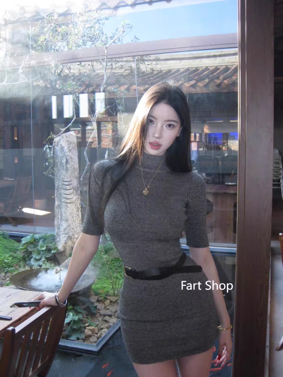 Fart Shop~ 御姐包臀連衣裙女半高領毛織顯瘦緊身半袖短裙子