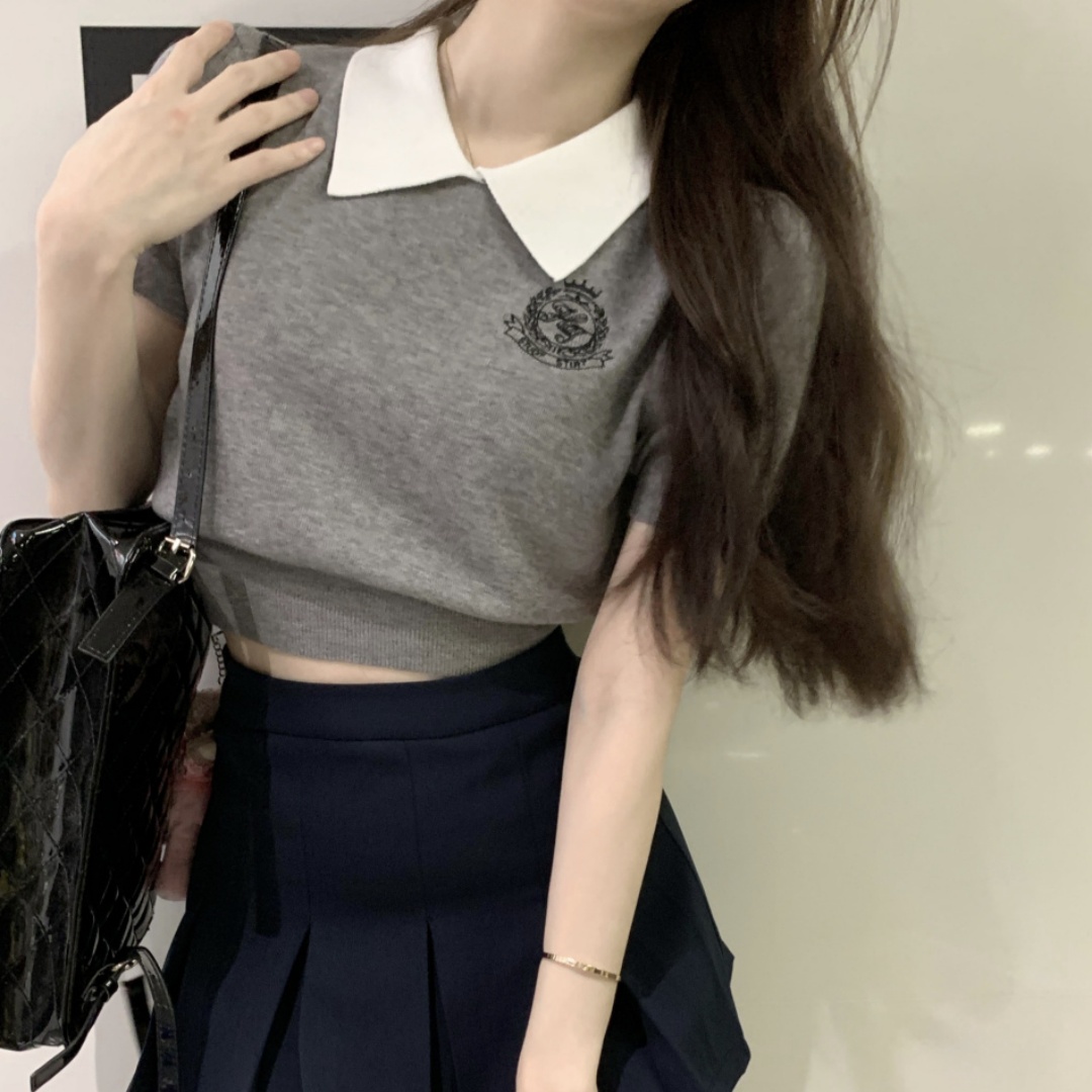 甜美溫柔短款假兩件短袖T恤上衣女夏季學院風刺繡短款針織衫上衣