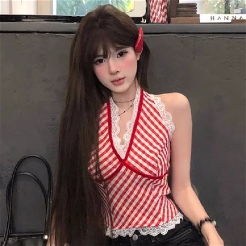 Red niche plaid vest suspender for women in summer splicing lace inner wear sexy halter neck hot girl top