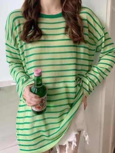 Striped knitted base shirt for women in early autumn thin European sunscreen blouse lazy style loose mask T-shirt top