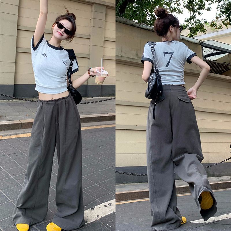 Three-bar striped short slim-fitting shoulder short-sleeved T-shirt for women in summer navel-exposed hot girl top American sports
