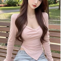 Pure and sweet hot girl fashionable girl-sexy T-shirt top women irregular sexy pleated long sleeves