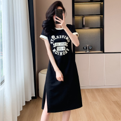 Bead Flower Dress Letter Print Wrinkled Medium-length Slit T-Shirt Skirt