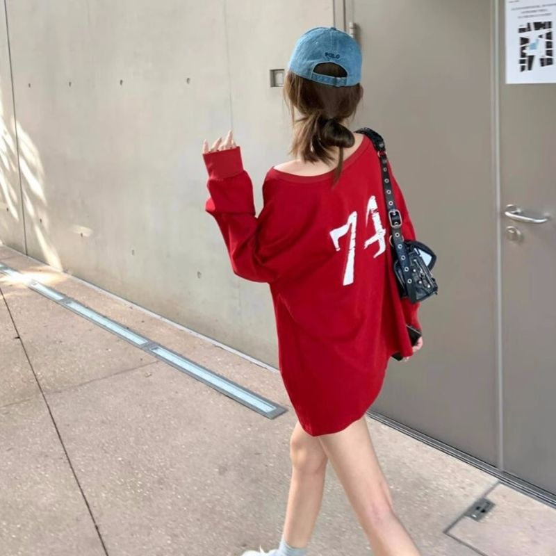 Original quality off-shoulder front and rear prints on both sides long-sleeved T-shirt off-shoulder top