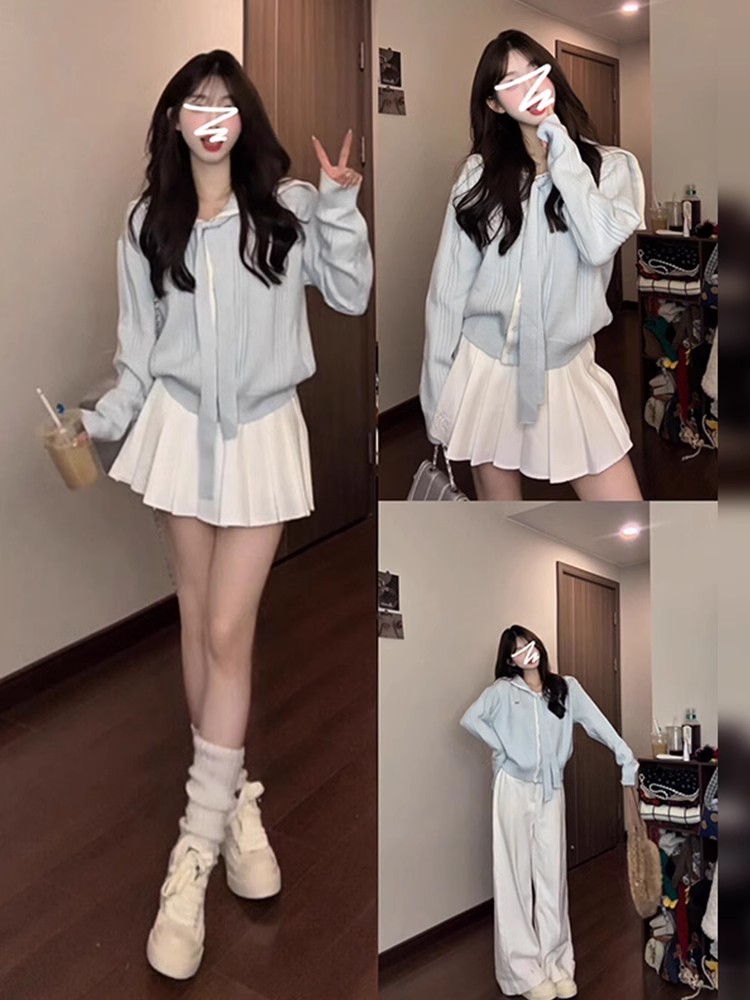 Spring outfit Korean blue navy collar sweater women's 2025 new college style sweater cardigan temperament top