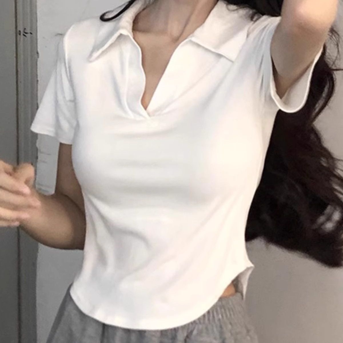 95 cotton 5 spandex white irregular polo collar short-sleeved T-shirt for women