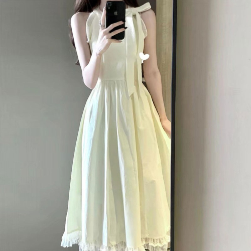 French bow tie halter neck wool dress for women Korean style pear-shaped waist slimming high-end mid-length skirt