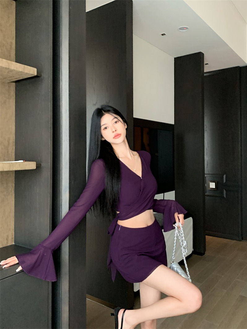 Real shot~Spring and summer purple hot girl lotus sleeve sexy short shirt women's skirt two-piece suit
