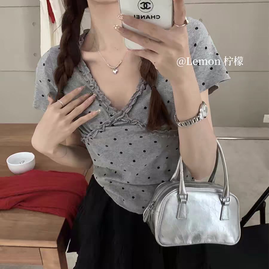 92-person cotton 8 spandex polka dot short-sleeved T-shirt summer short design niche lace T-shirt fashionable top