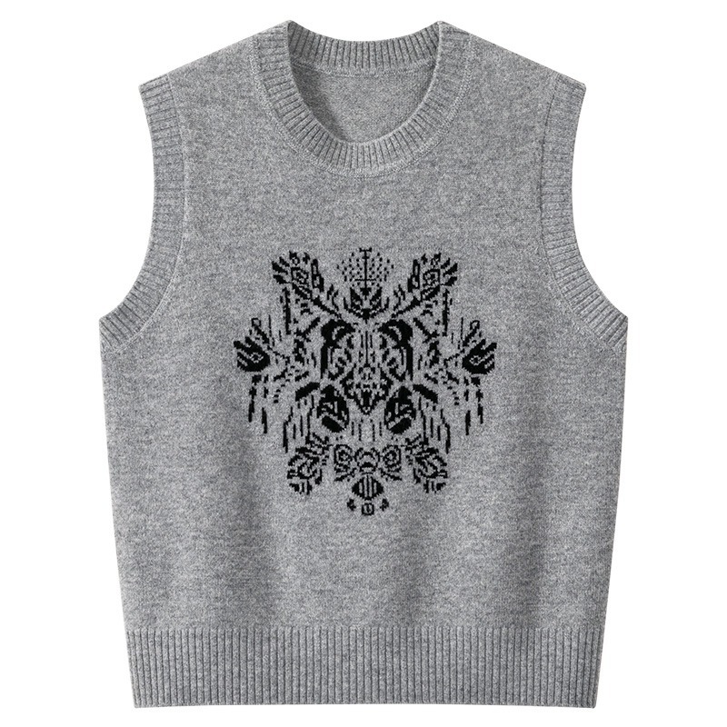 復古時尚圖騰提花針織馬甲女款春秋新款圓領套頭毛衣背心