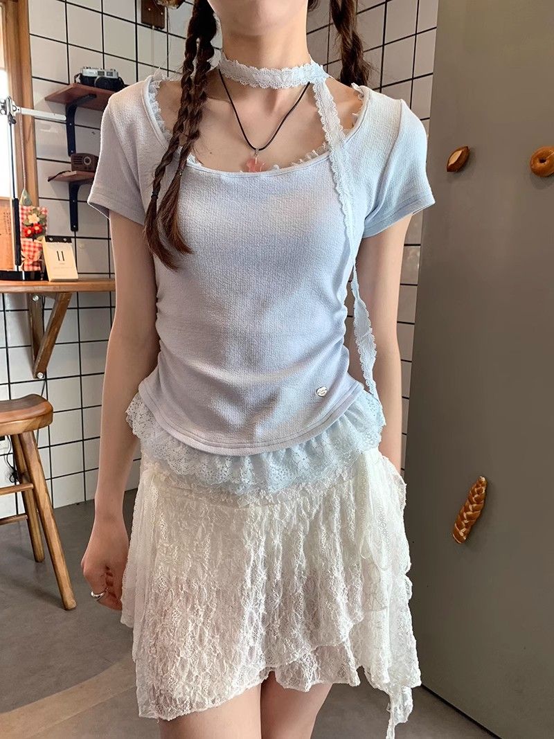 Sweet ribbon fresh pure hot girl design feels waist-hugging and slim lace streamer short sleeve T-t trendy