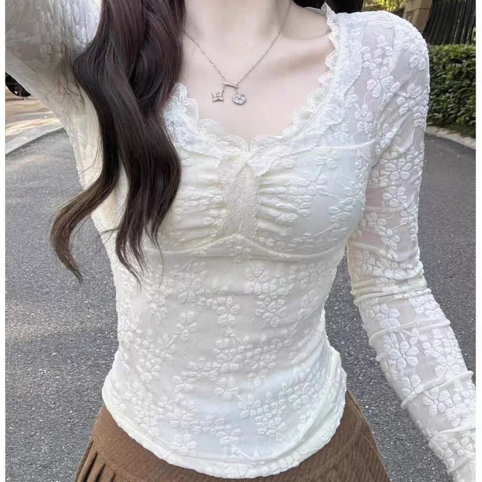 Hot girl v-neck long-sleeved lace shirt for women pure desire inner bottom shirt top for women