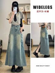 Denim skirt for women in summer American large pocket workwear mid-length skirt high waist slit A-line large hem skirt