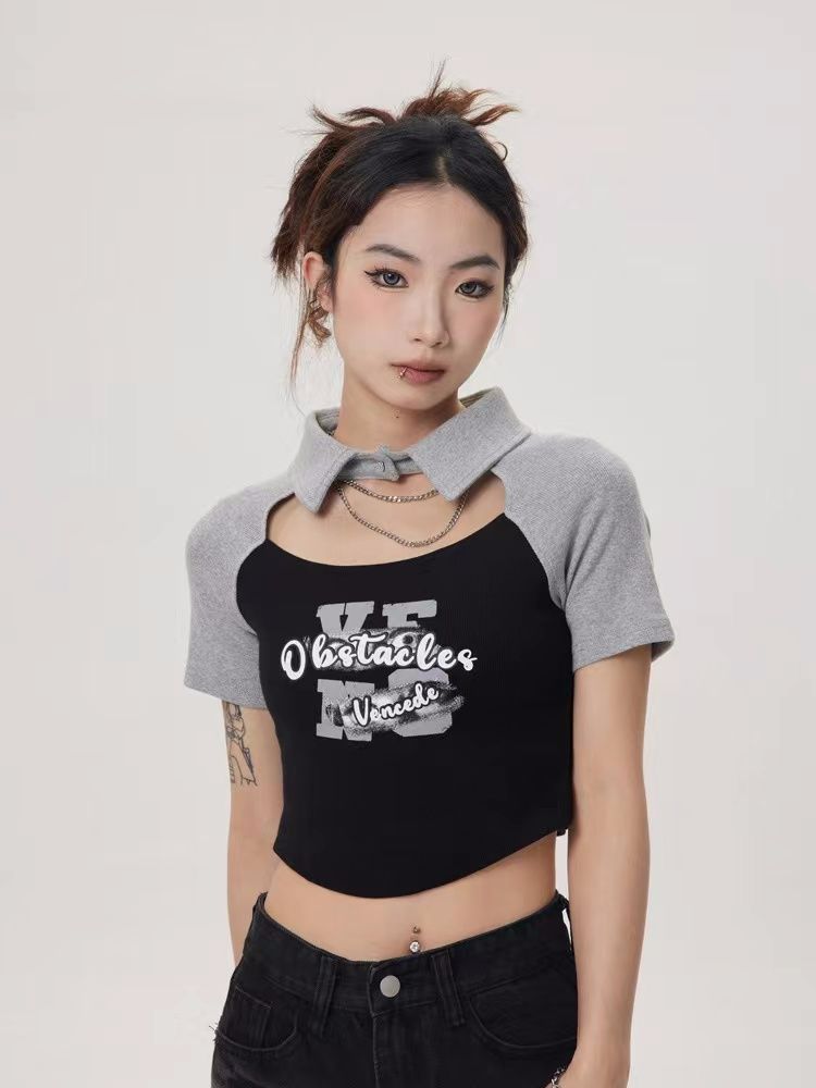 American retro 2025 summer sweet and spicy letter print Polo short-sleeved T-shirt hot girls short contrasting color slim body