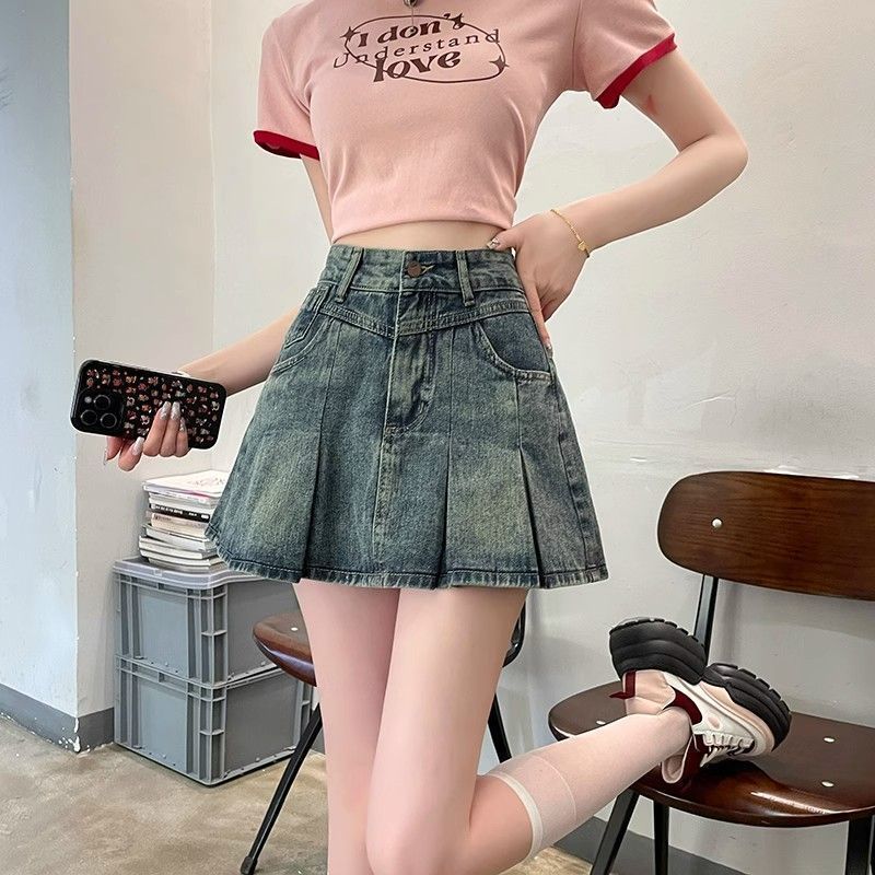 Pleated skirt denim skirt short style 2025 summer high waist versatile hip cover A-line skirt with hip cover skirt small
