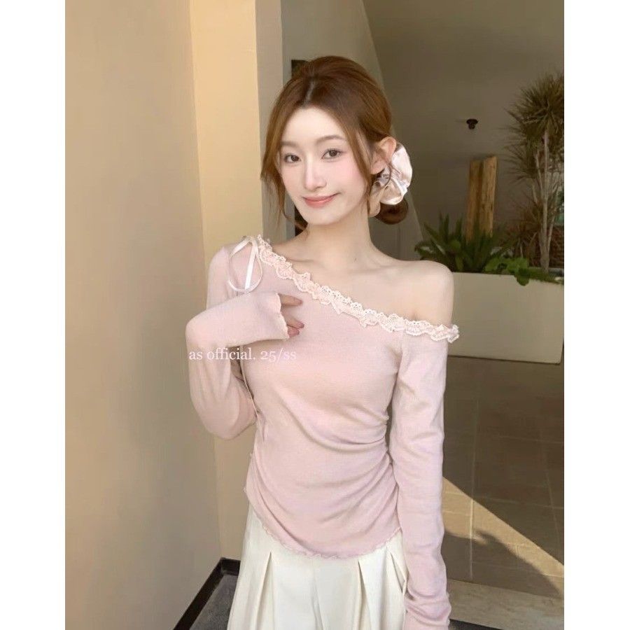 粉色少女蕾絲花邊斜肩T恤女2025春裝內搭獨特超好看單穿上衣