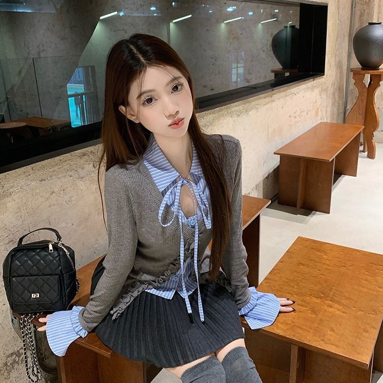 木耳邊格子拼接系帶長袖針織衫女2025春季新款假兩件純欲顯瘦開衫