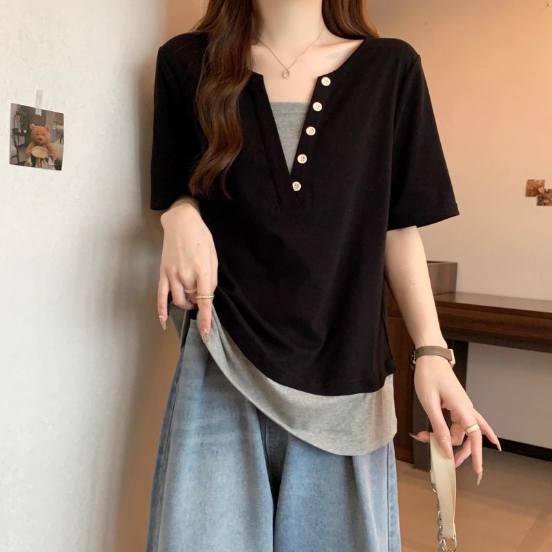 Large size women's fake two-piece v-neck chic short-sleeved base for women 2025 summer loose slim top