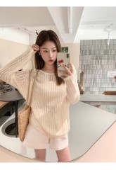 Apricot-Colored Lazy Hollowed-Out Sun-Protective Blouse Top for Women, 2025 Spring Collection: Long Sleeve, Round Neckline, Slimming Design, Perfect for Outwear