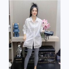 蕾絲邊雪紡襯衫女秋季新款法式設計感小眾開衫POLO領休閒上衣