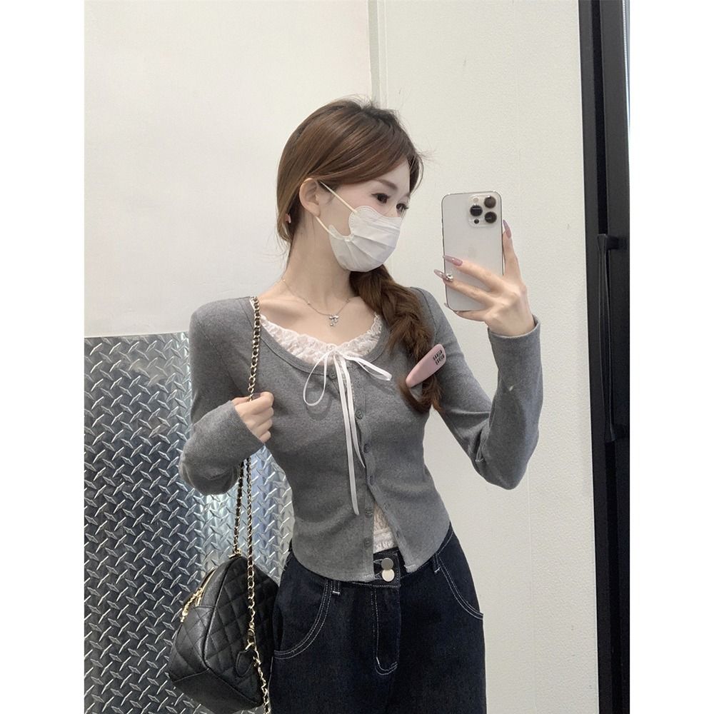韓系純欲假兩件長袖T恤打底衫女拼接蕾絲短款上衣