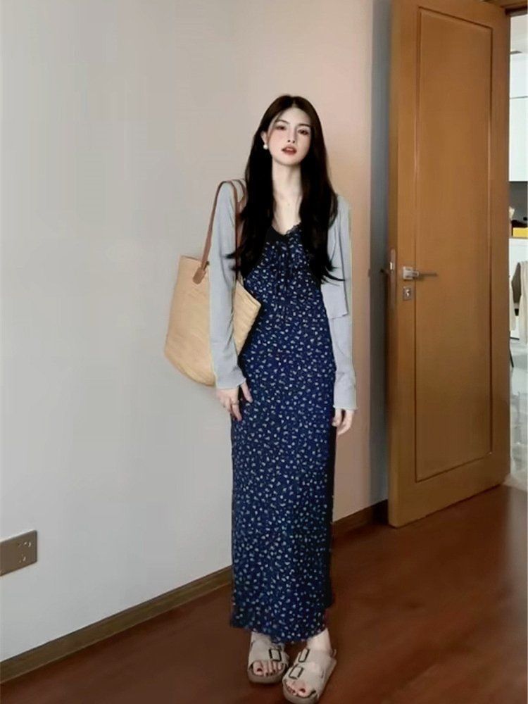 In summer, a complete set of gentle Korean style slim floral dresses, cardigan, suspender long skirt, two-piece set
