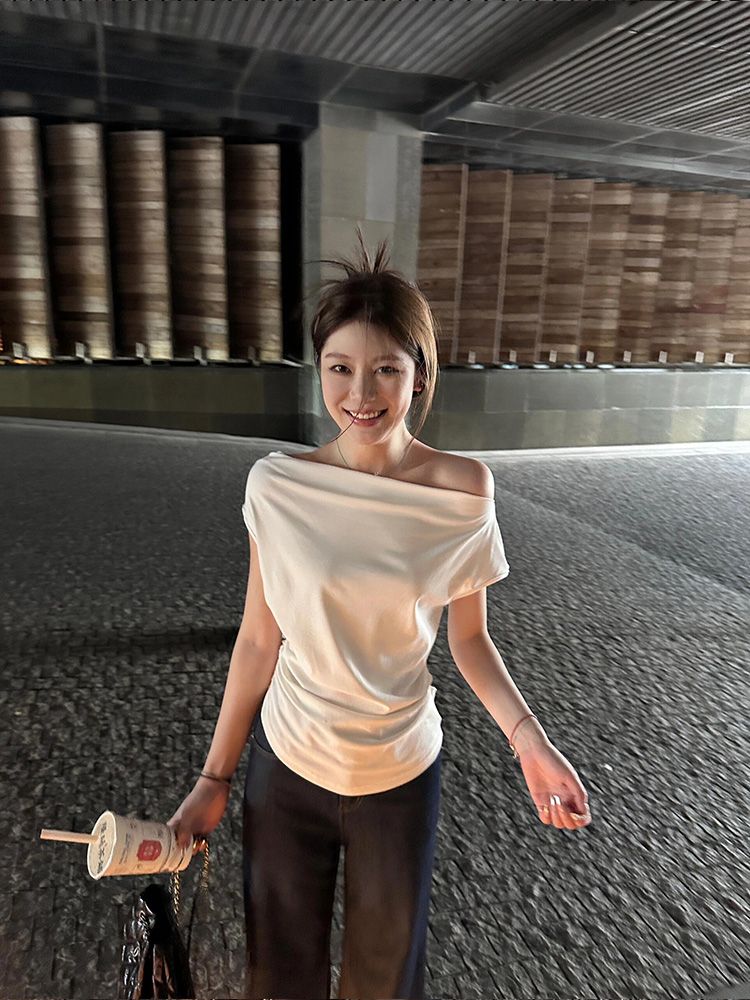 Modal fabric 260g irregular one-length off-shoulder T-shirt for women
