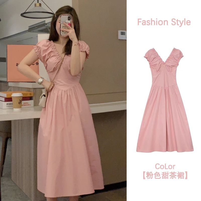 Gentle style design slim puff sleeve v-neck dress summer 2025 new pleated French waist-hugging long skirt