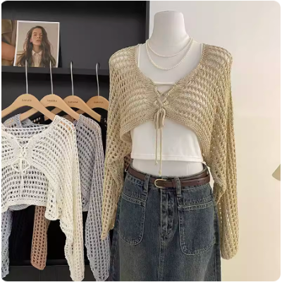 Hollow lace-up sunscreen cardigan short slim strap knit sweater for women thin blouse vest slim body jacket
