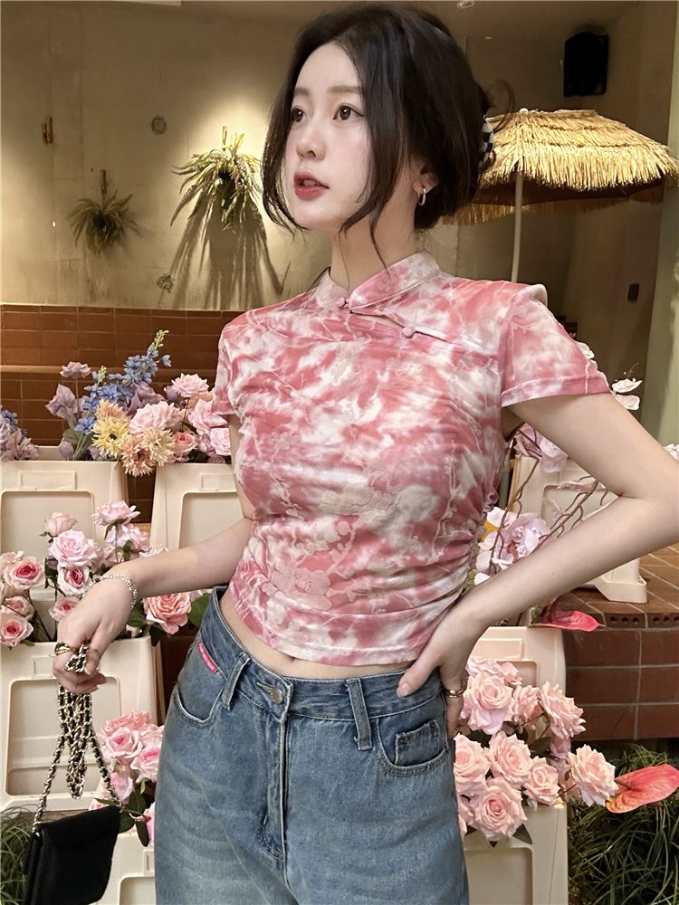 復古新中式植絨印花短袖上衣改良版旗袍高領襯衣設計感碎花小衫夏