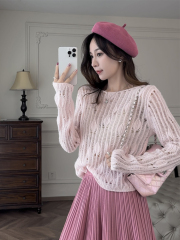 Zhang Shishu 2025 Spring New Products, Peaches, Hollow Pink Knitted Sweater Top for Women
