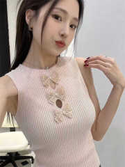 2025春夏季新款純欲辣妹鏤空蝴蝶結針織背心女短款圓領無袖上衣