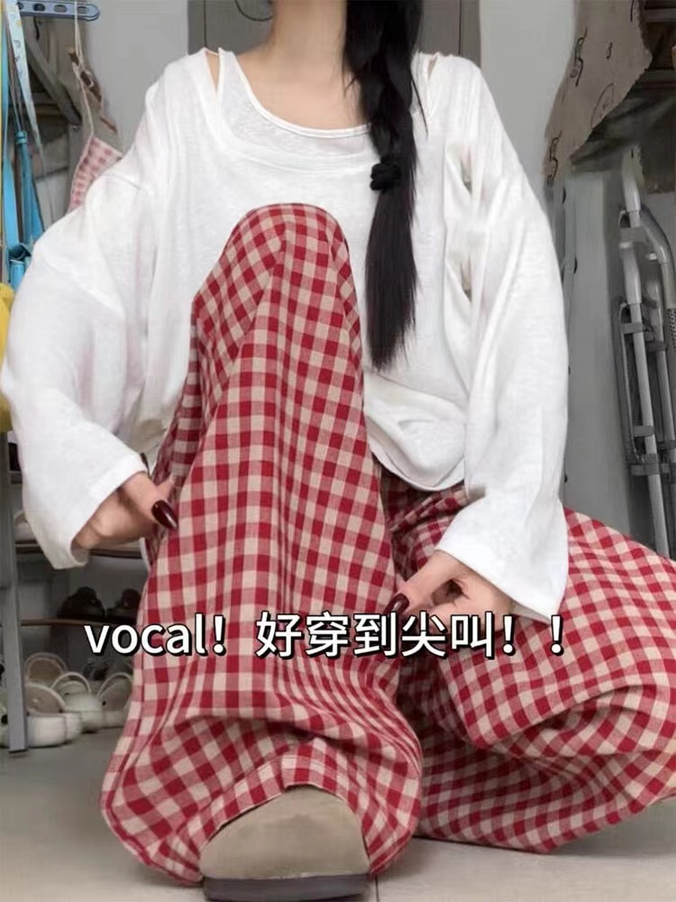 Original plaid red plaid pants with high waist drape loose straight-leg casual cotton and linen wide-leg pants