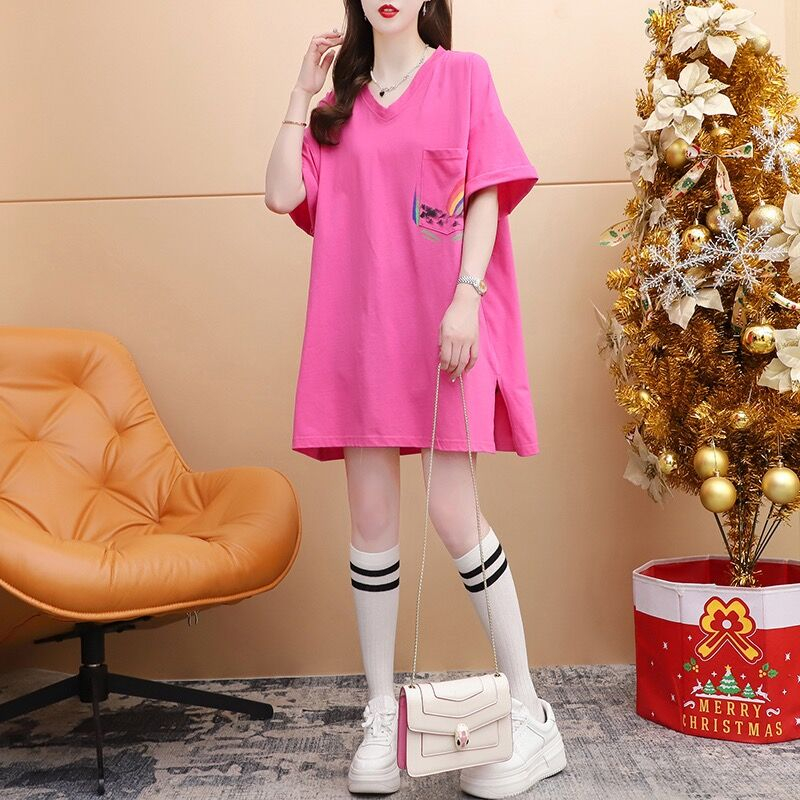 Pure cotton quality/close loop fixed spun pure cotton/rear collar/medium-length V-neck short-sleeved T-shirt for women