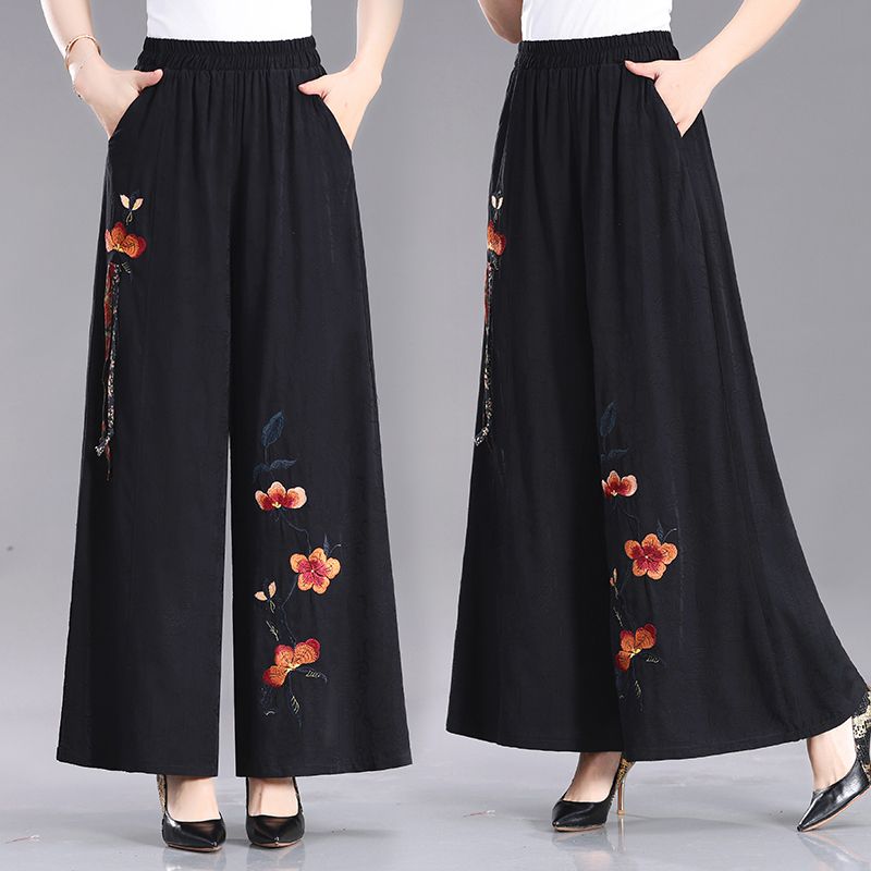 Mom's Pants Summer Loose High-Waist Pants for Middle-Aged and Plus-Size Women, Thin 9/10 Length, Elastic Waist, Park Square Cotton-Linen Casual Pants