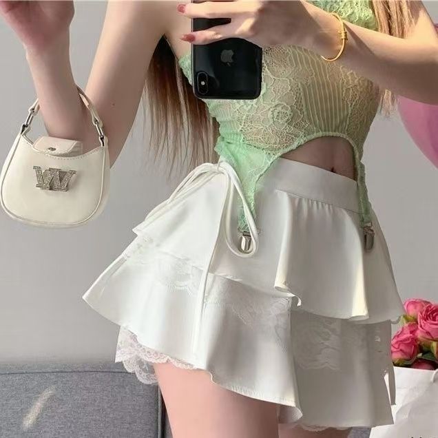 Lace puffy skirt Women's summer high-waisted slim cake skirt A-line short skirt ballet style pleated skirt