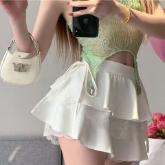 Lace puffy skirt Women's summer high-waisted slim cake skirt A-line short skirt ballet style pleated skirt