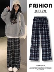 原版TR格 美式格子直筒闊腿褲女春季2025新款高腰寬鬆長褲