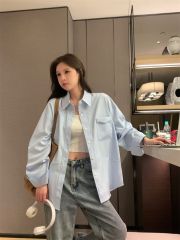 藍色POLO領長袖防曬襯衫夏季2025新款韓系高級感洋氣中長款上衣女