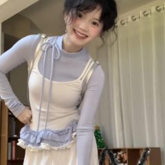 藍色假兩件立領系帶吊帶長袖t恤女春秋荷葉邊拼接撞色高級感上衣