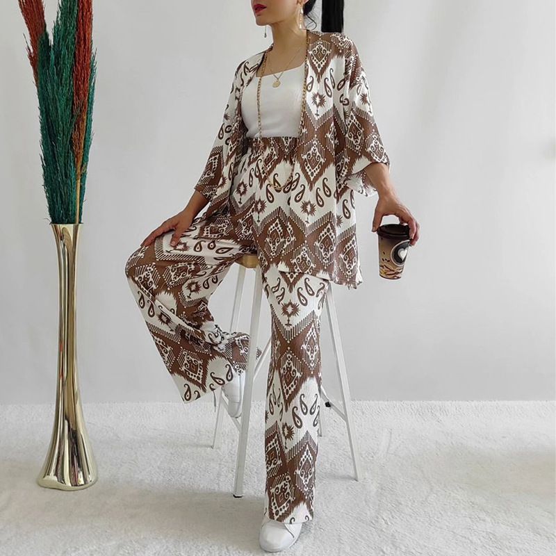 Amazon Foreign Trade 2025 Summer European and American Loose Fashion Printed Shirt Wide Leg Pants Casual Suit Women