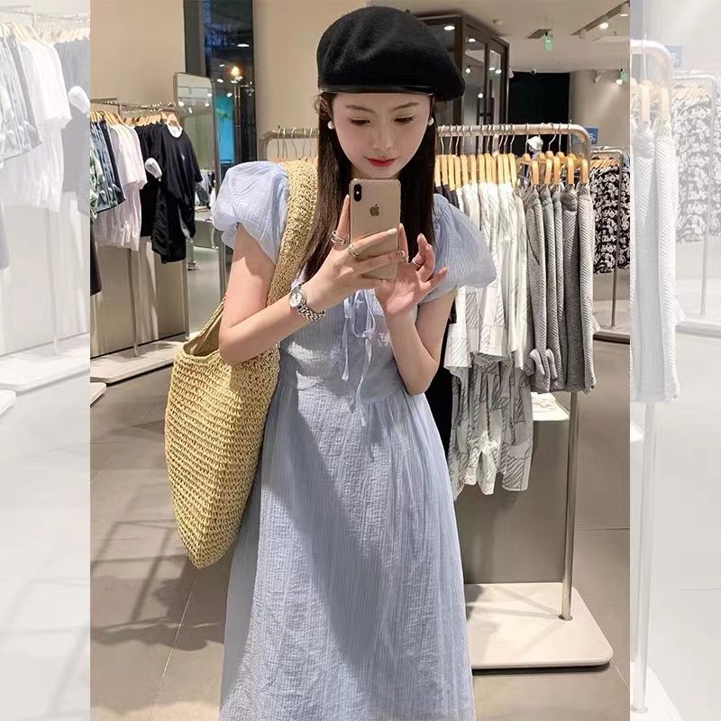 Summer high-end design blue puff sleeve dress for women French gentle style niche small waist skirt