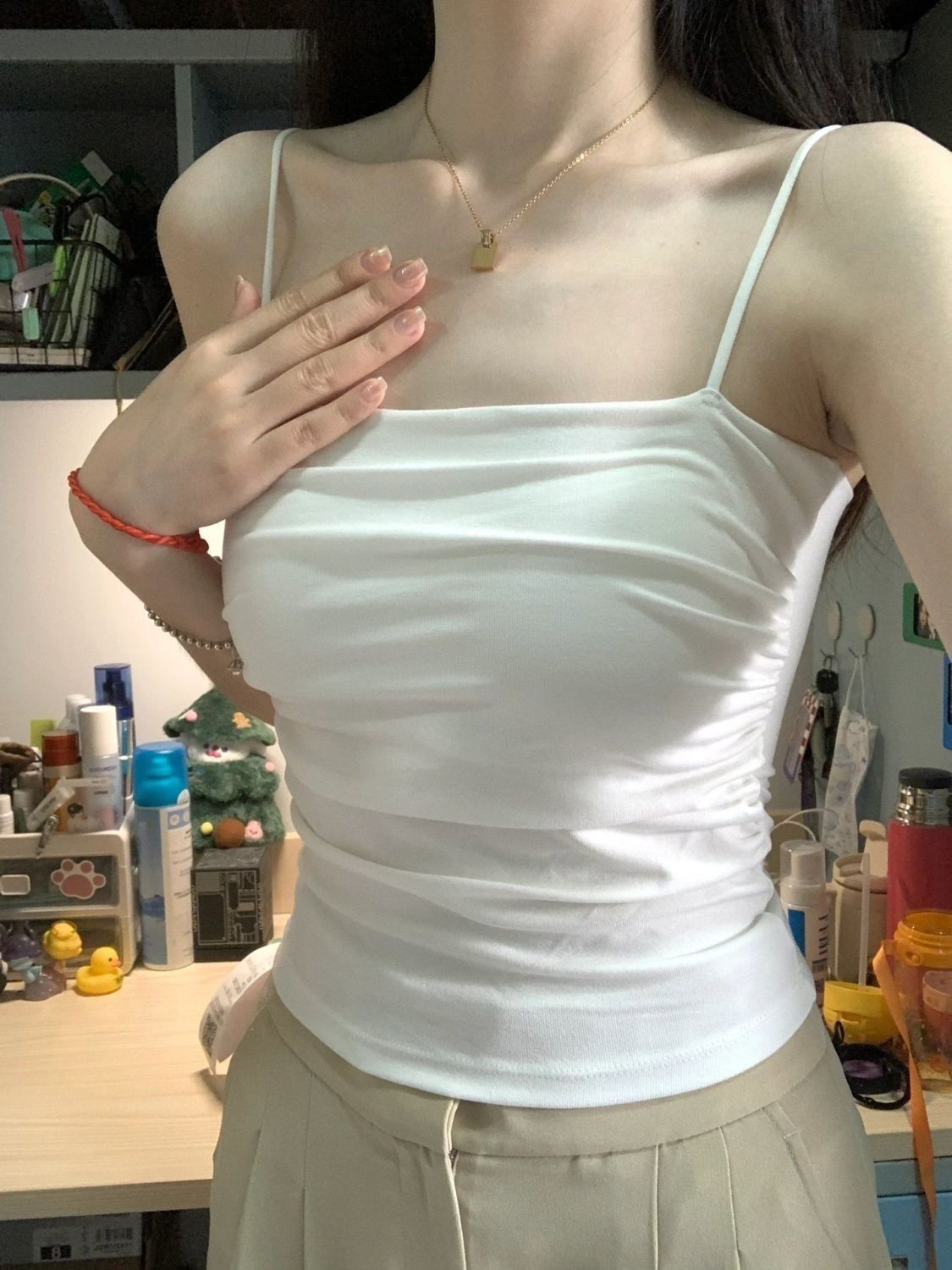 40支棉 帶胸墊純欲褶皺白色吊帶背心女夏美背無袖上衣