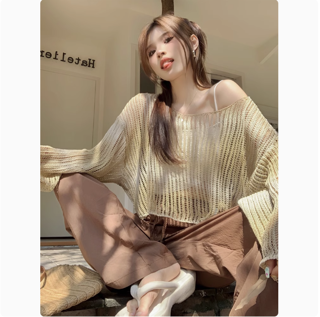 Gradient color hollow long-sleeved sunscreen sweater for women's summer short one-shoulder Hong Kong style retro tulle loose blouse