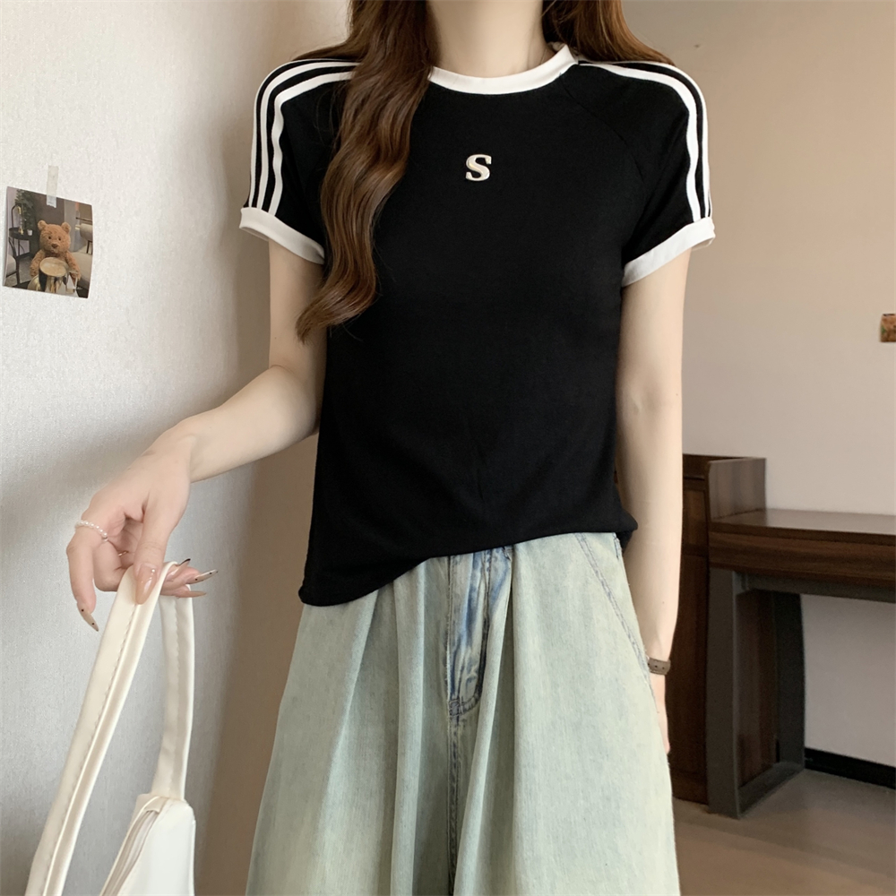 實拍 40支純棉210克92棉/8氨綸三條槓短袖T恤女立體S