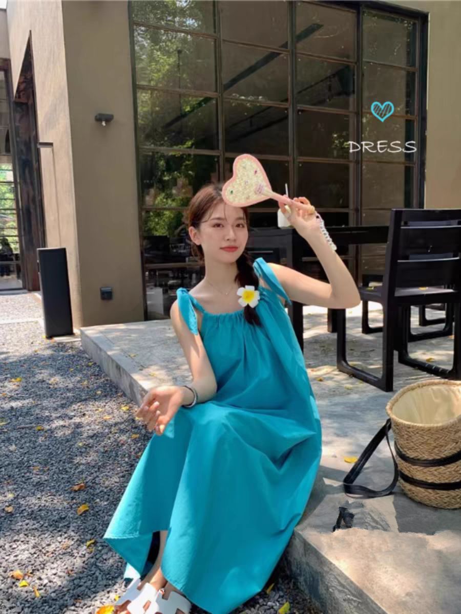 Vacation style dress lace-up suspender skirt women's summer temperament loose slim A-line skirt blue midi skirt